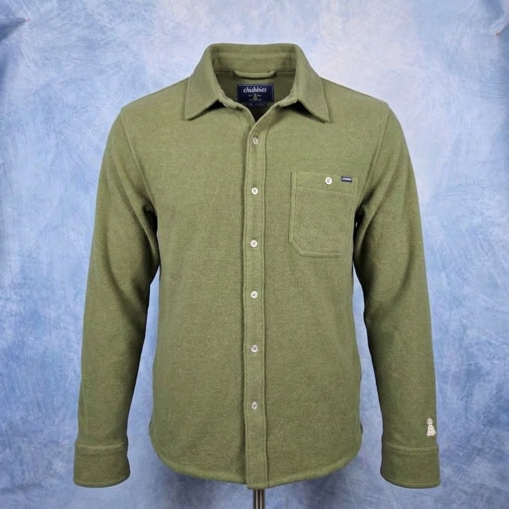 Chubbies The Piney Woods Fleece Shirt Mens Medium Olive Green Button Down